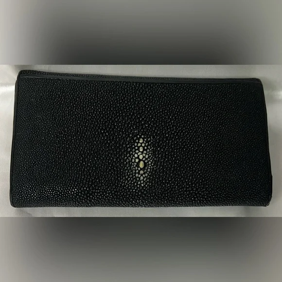 Black Long Wallet Genuine Sparkling Sting Ray Skin Billfold Snap & Zipper - Picture 8 of 8